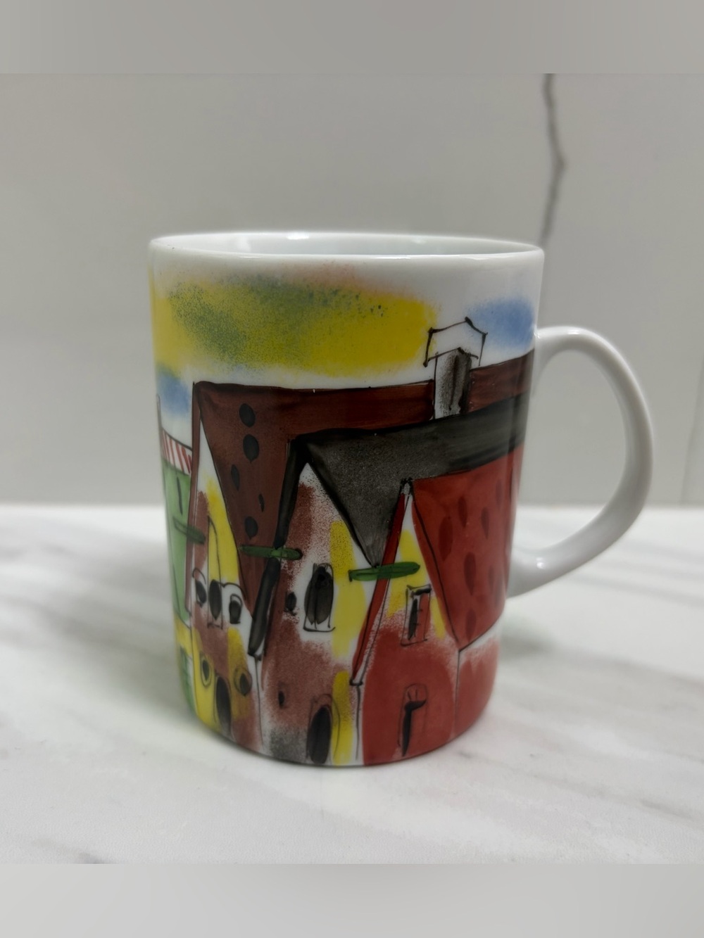 VTG Gallin Art Pottery Coffee Mug Hand Painted Village House Scene Signed EUC